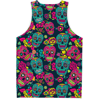 Teal Pink Sugar Skull Pattern Print Men's Tank Top