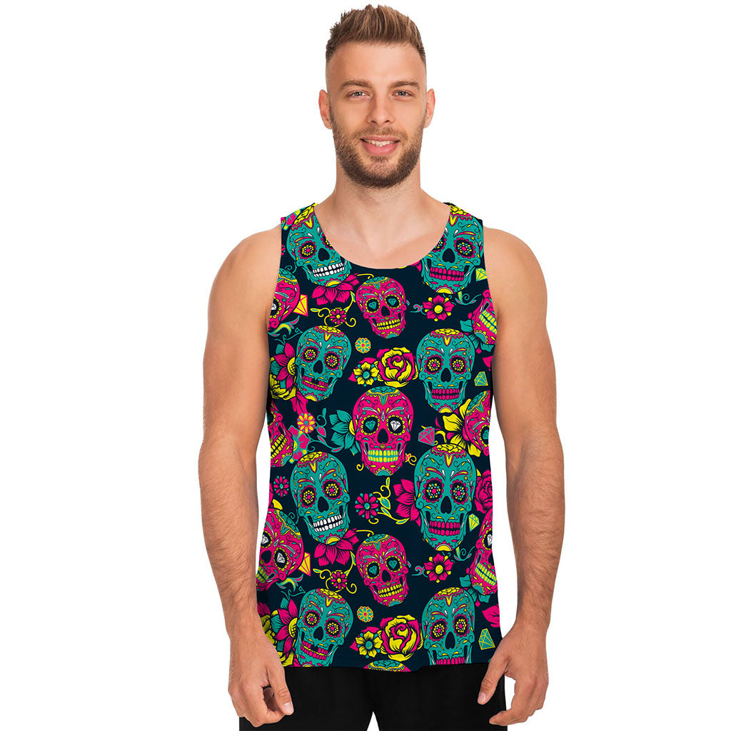 Teal Pink Sugar Skull Pattern Print Men's Tank Top