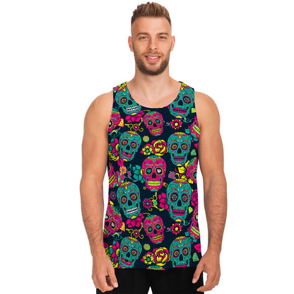 Teal Pink Sugar Skull Pattern Print Men's Tank Top