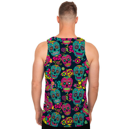 Teal Pink Sugar Skull Pattern Print Men's Tank Top