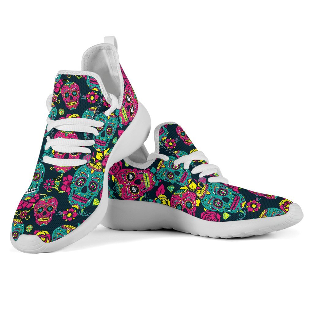 Teal Pink Sugar Skull Pattern Print Mesh Knit Shoes GearFrost