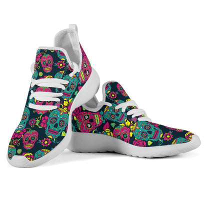 Teal Pink Sugar Skull Pattern Print Mesh Knit Shoes GearFrost