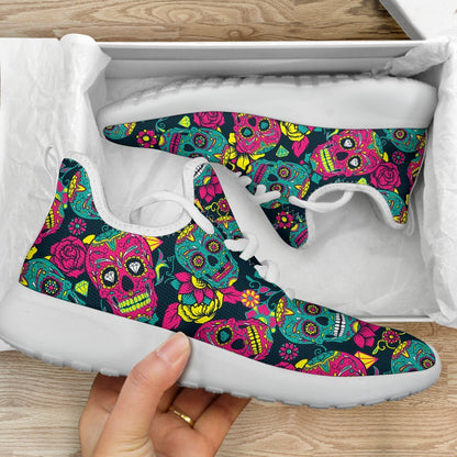 Teal Pink Sugar Skull Pattern Print Mesh Knit Shoes GearFrost