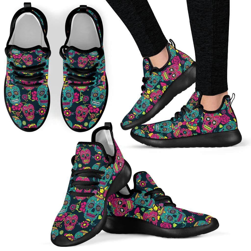 Teal Pink Sugar Skull Pattern Print Mesh Knit Shoes GearFrost