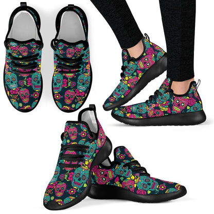 Teal Pink Sugar Skull Pattern Print Mesh Knit Shoes GearFrost
