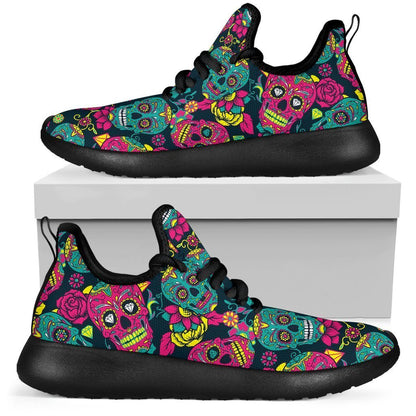 Teal Pink Sugar Skull Pattern Print Mesh Knit Shoes GearFrost
