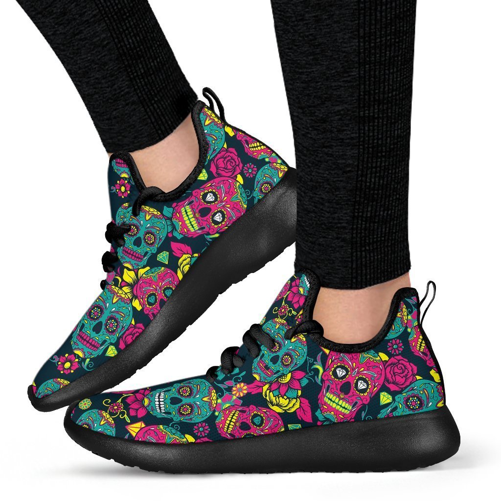 Teal Pink Sugar Skull Pattern Print Mesh Knit Shoes GearFrost