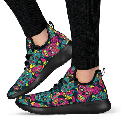 Teal Pink Sugar Skull Pattern Print Mesh Knit Shoes GearFrost