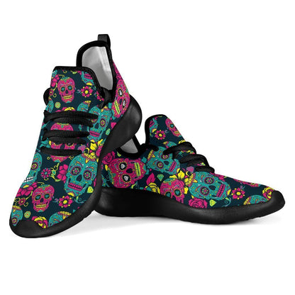Teal Pink Sugar Skull Pattern Print Mesh Knit Shoes GearFrost