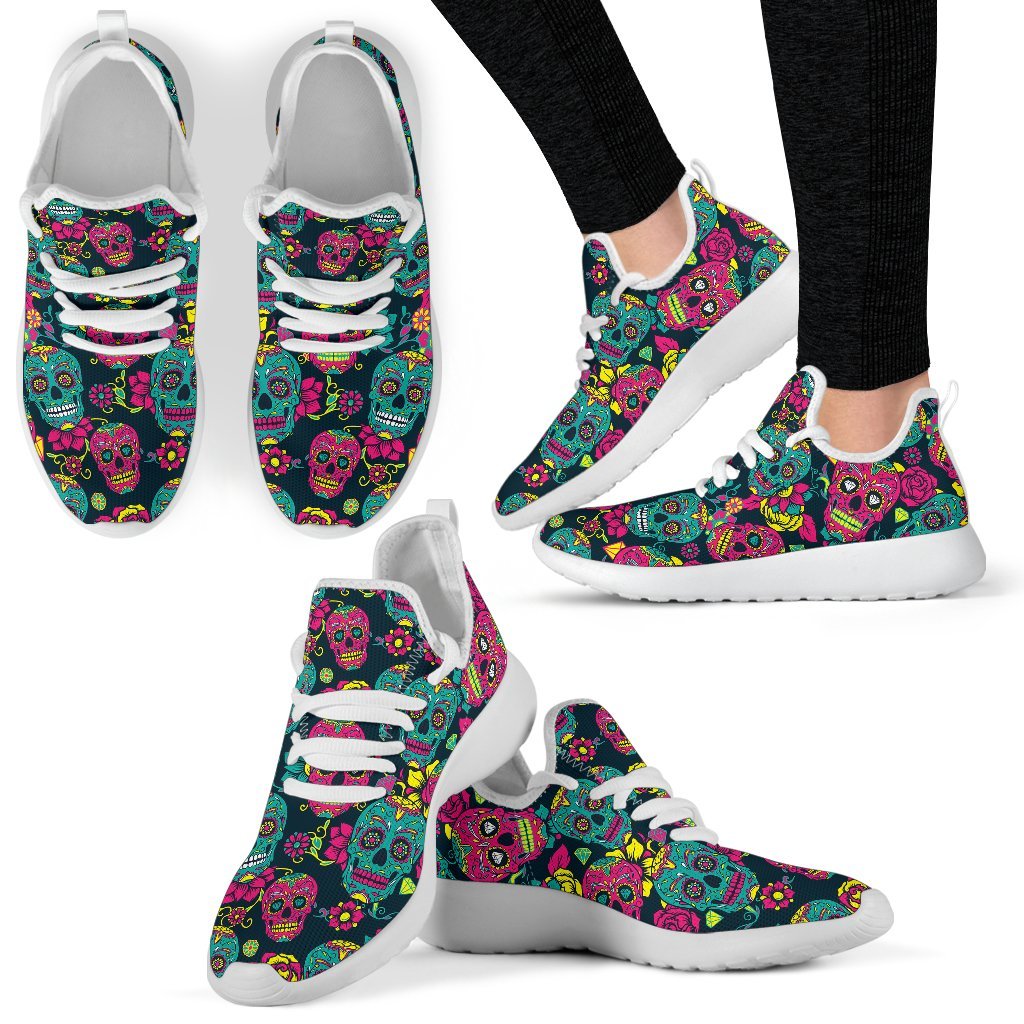 Teal Pink Sugar Skull Pattern Print Mesh Knit Shoes GearFrost