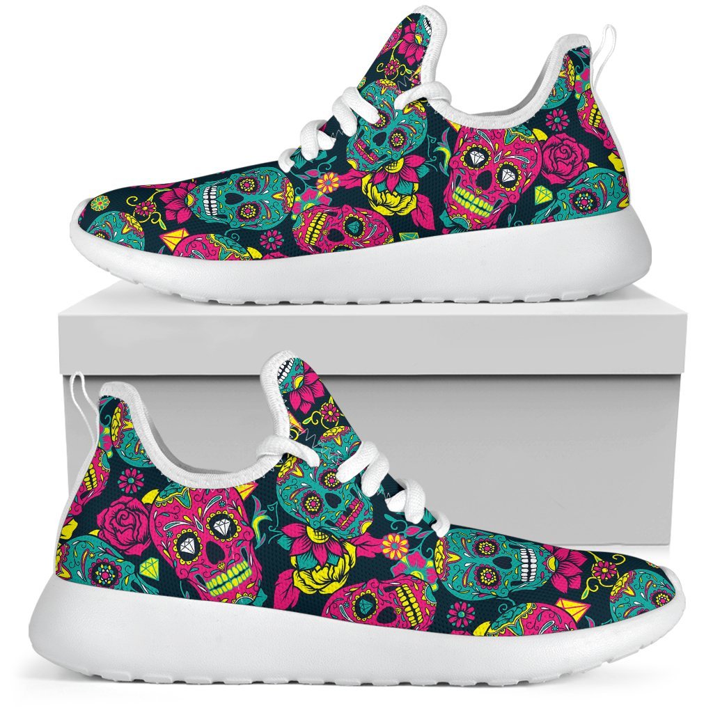 Teal Pink Sugar Skull Pattern Print Mesh Knit Shoes GearFrost