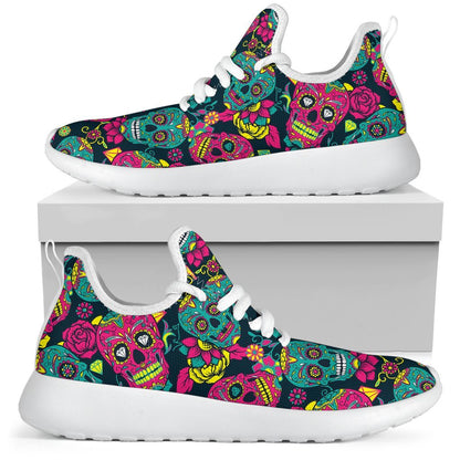 Teal Pink Sugar Skull Pattern Print Mesh Knit Shoes GearFrost