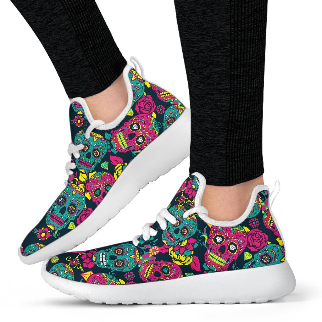 Teal Pink Sugar Skull Pattern Print Mesh Knit Shoes GearFrost