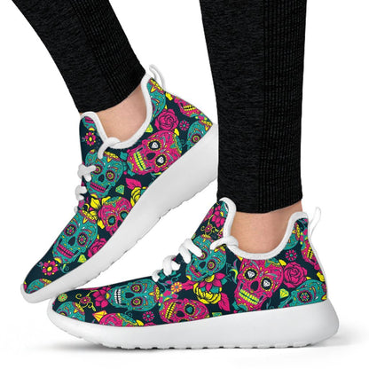 Teal Pink Sugar Skull Pattern Print Mesh Knit Shoes GearFrost