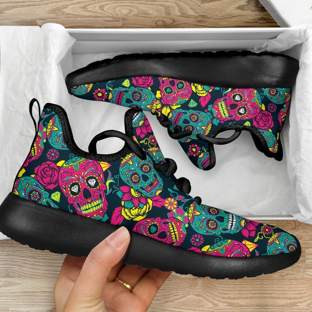 Teal Pink Sugar Skull Pattern Print Mesh Knit Shoes GearFrost