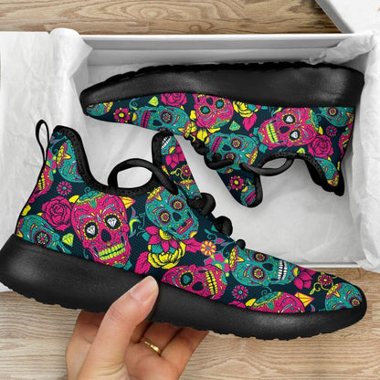 Teal Pink Sugar Skull Pattern Print Mesh Knit Shoes GearFrost