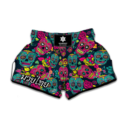 Teal Pink Sugar Skull Pattern Print Muay Thai Boxing Shorts