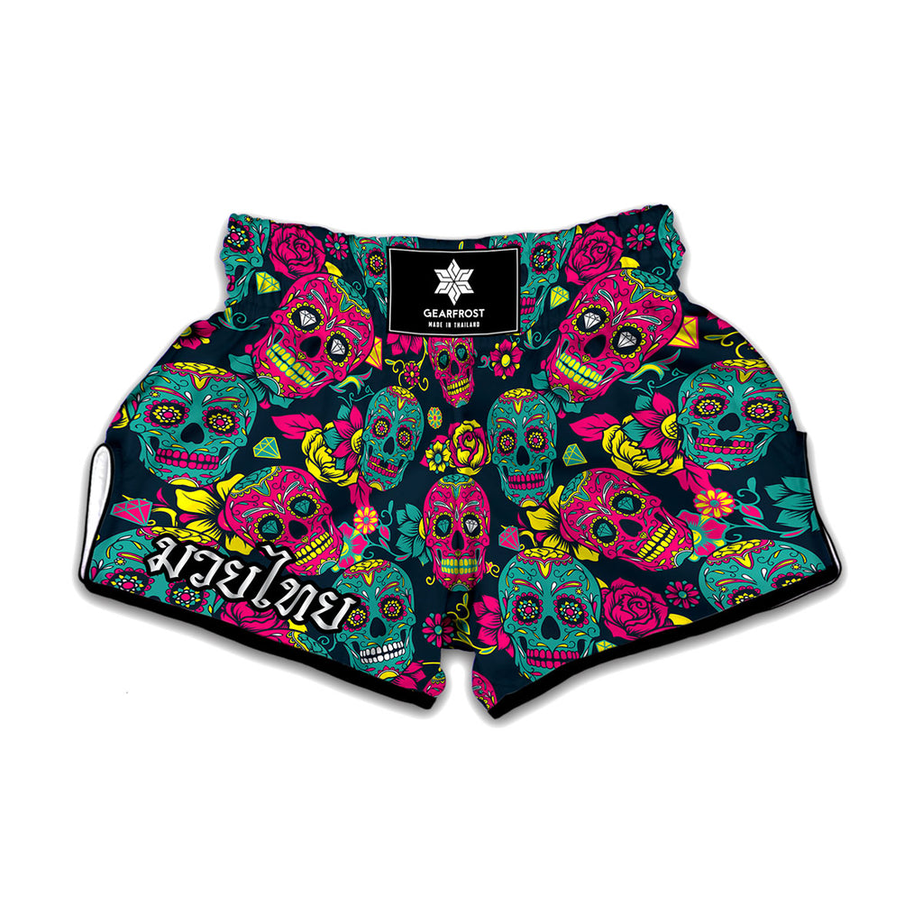 Teal Pink Sugar Skull Pattern Print Muay Thai Boxing Shorts