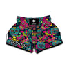 Teal Pink Sugar Skull Pattern Print Muay Thai Boxing Shorts