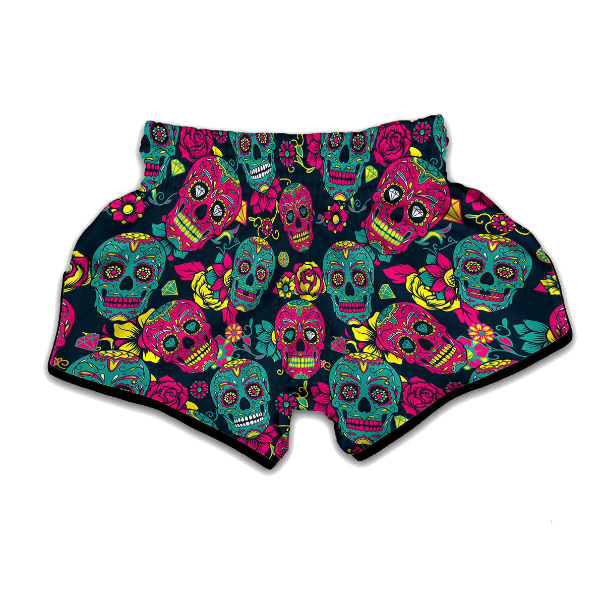 Teal Pink Sugar Skull Pattern Print Muay Thai Boxing Shorts