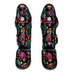 Teal Pink Sugar Skull Pattern Print Muay Thai Shin Guard