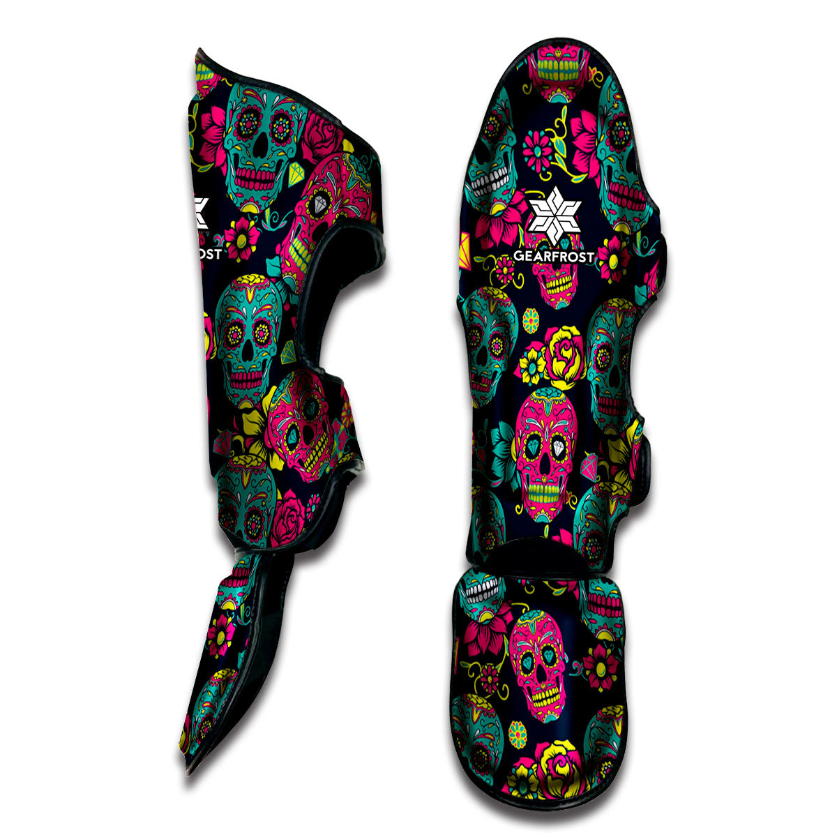 Teal Pink Sugar Skull Pattern Print Muay Thai Shin Guard