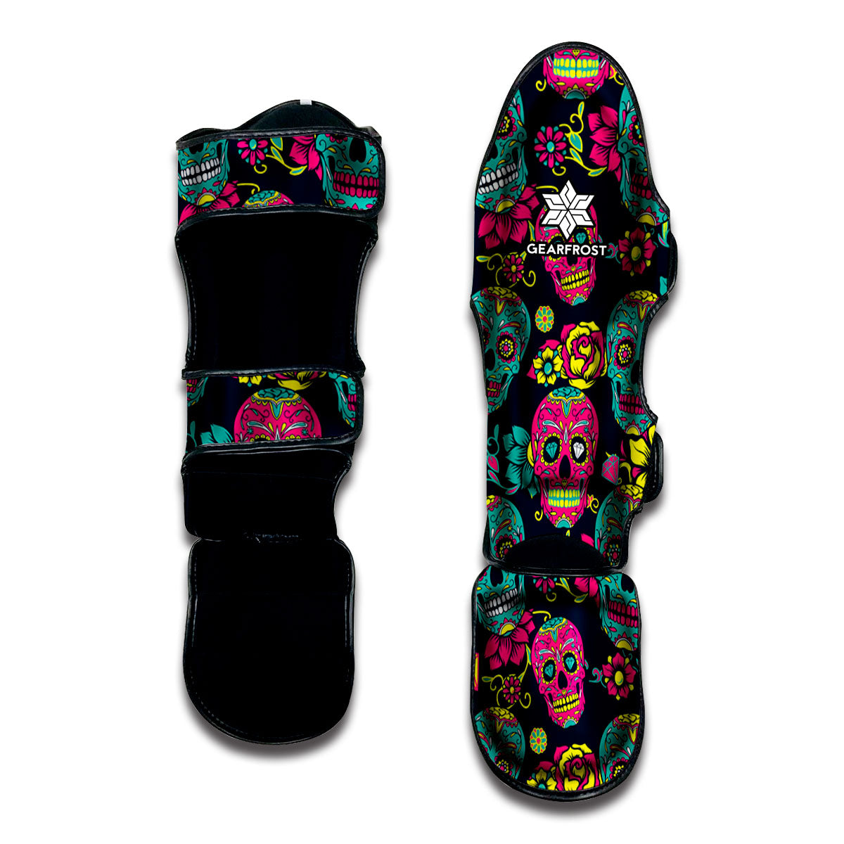 Teal Pink Sugar Skull Pattern Print Muay Thai Shin Guard