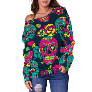 Teal Pink Sugar Skull Pattern Print Off Shoulder Sweatshirt GearFrost