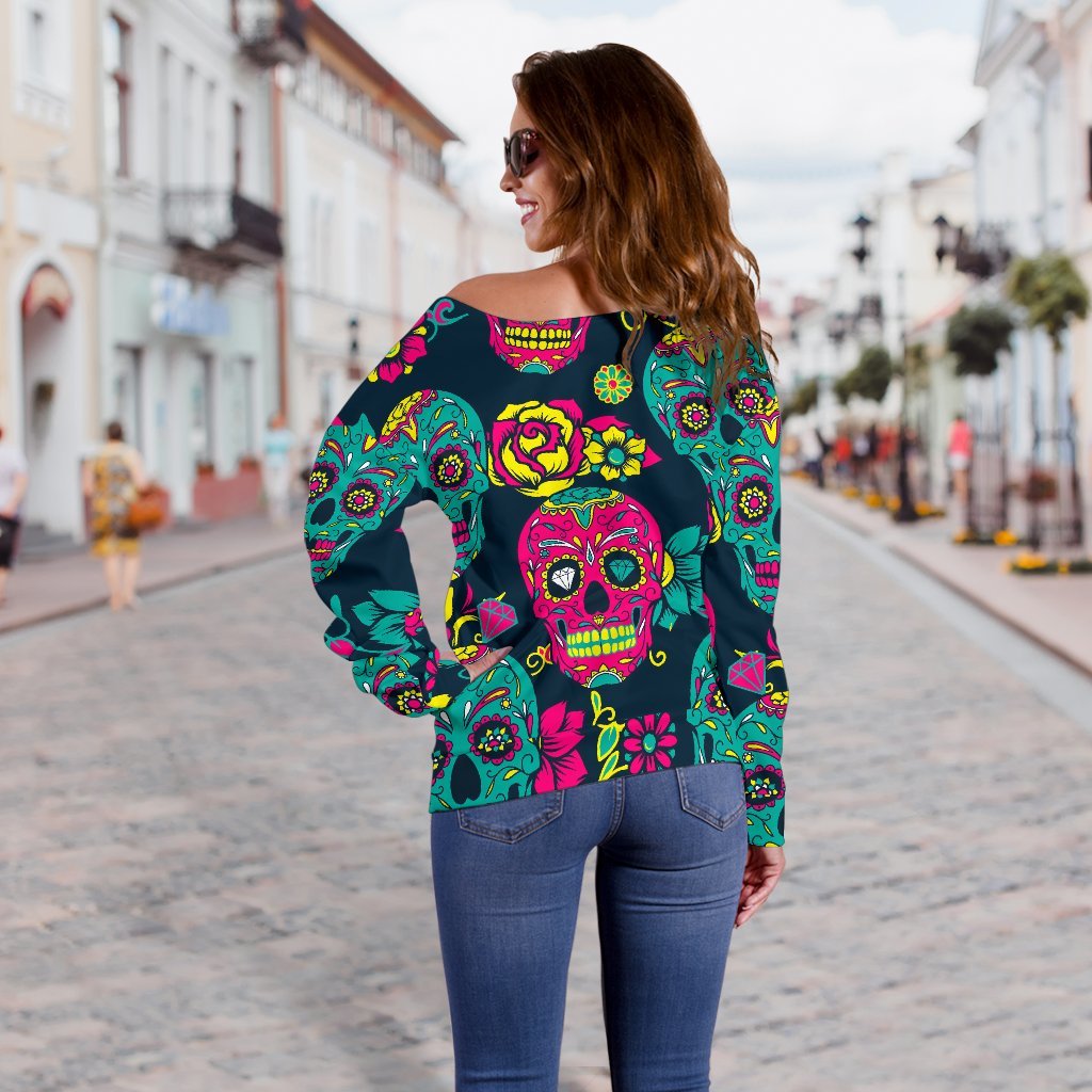 Teal Pink Sugar Skull Pattern Print Off Shoulder Sweatshirt GearFrost