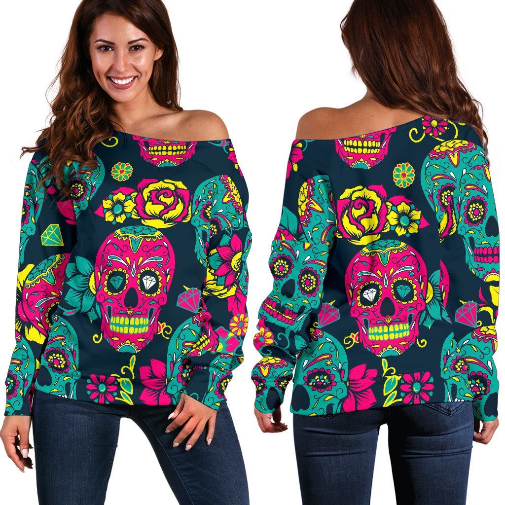 Teal Pink Sugar Skull Pattern Print Off Shoulder Sweatshirt GearFrost