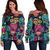 Teal Pink Sugar Skull Pattern Print Off Shoulder Sweatshirt GearFrost