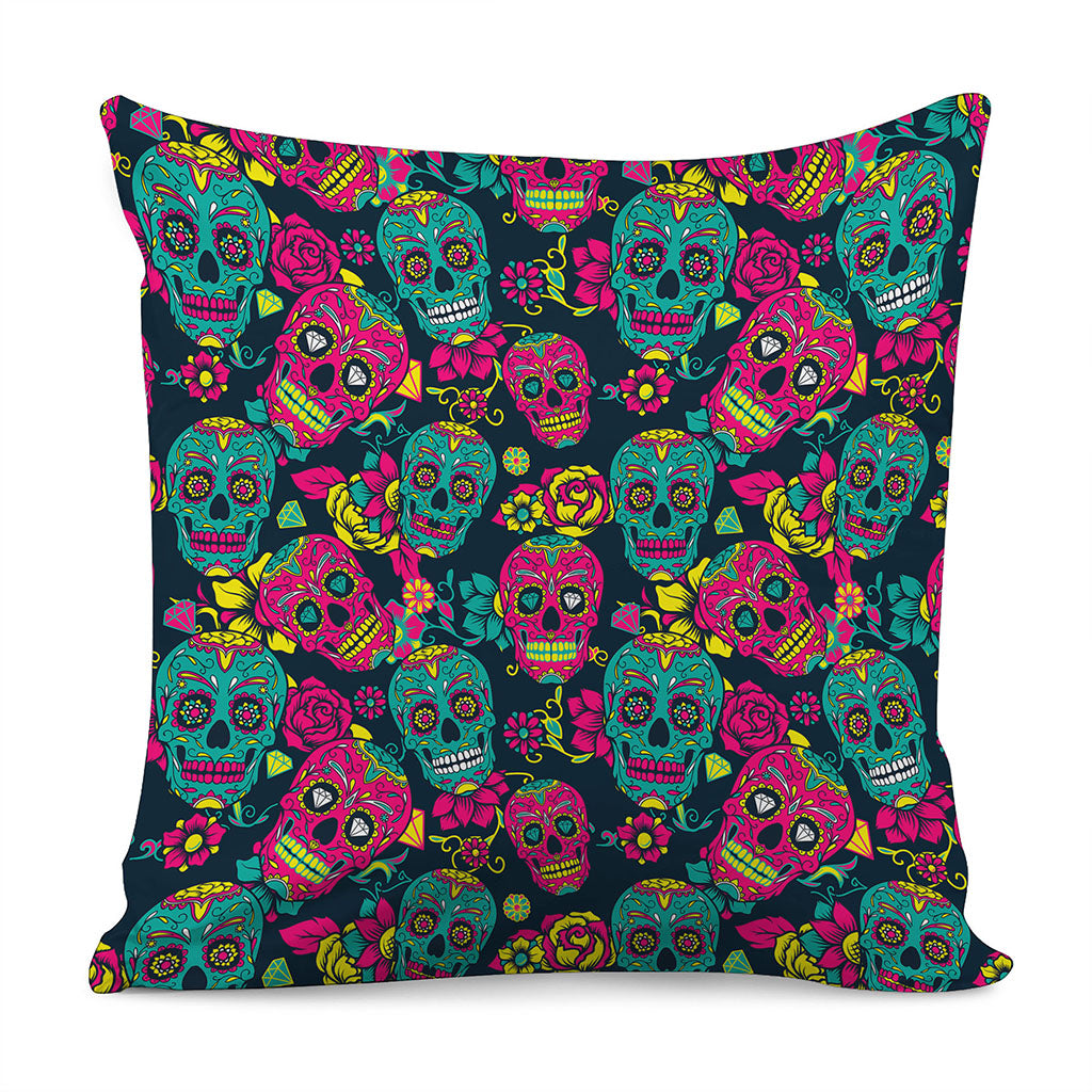 Teal Pink Sugar Skull Pattern Print Pillow Cover