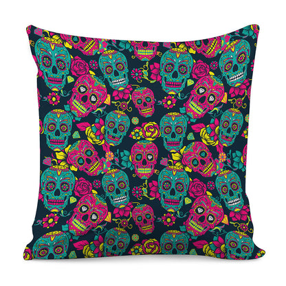 Teal Pink Sugar Skull Pattern Print Pillow Cover