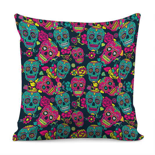 Teal Pink Sugar Skull Pattern Print Pillow Cover