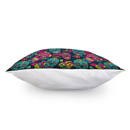 Teal Pink Sugar Skull Pattern Print Pillow Cover