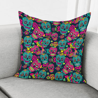 Teal Pink Sugar Skull Pattern Print Pillow Cover