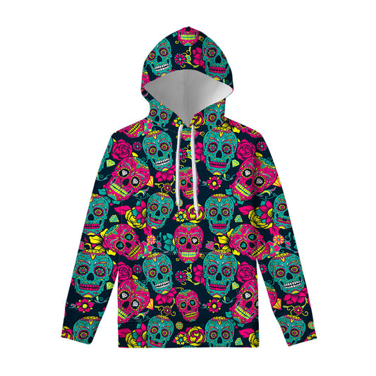 Teal Pink Sugar Skull Pattern Print Pullover Hoodie