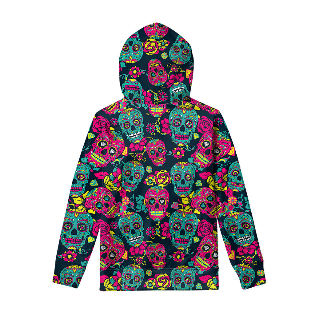 Teal Pink Sugar Skull Pattern Print Pullover Hoodie