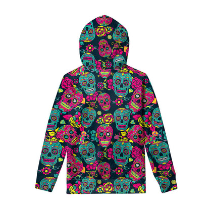Teal Pink Sugar Skull Pattern Print Pullover Hoodie