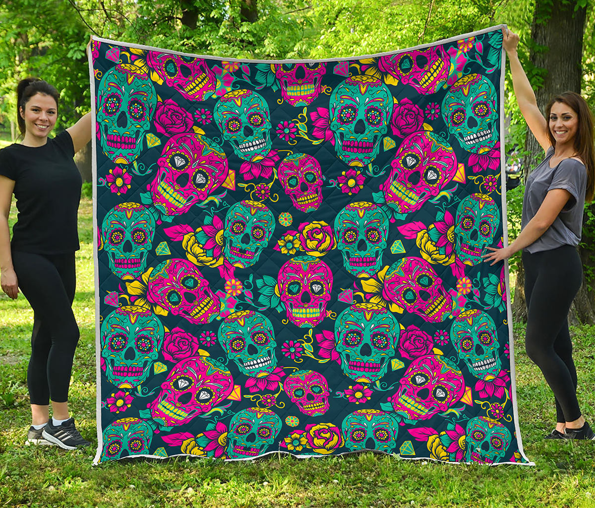 Teal Pink Sugar Skull Pattern Print Quilt