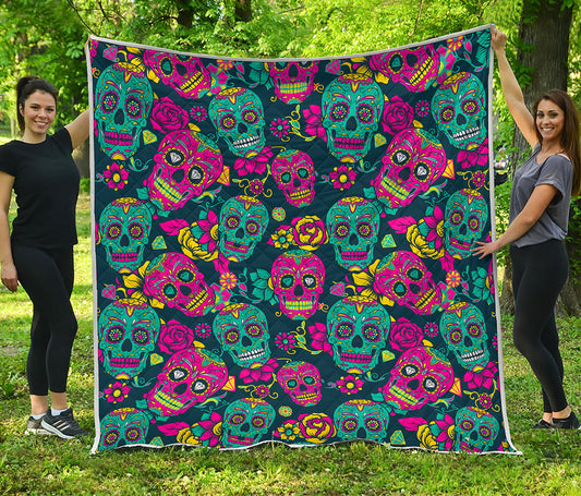 Teal Pink Sugar Skull Pattern Print Quilt