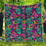 Teal Pink Sugar Skull Pattern Print Quilt
