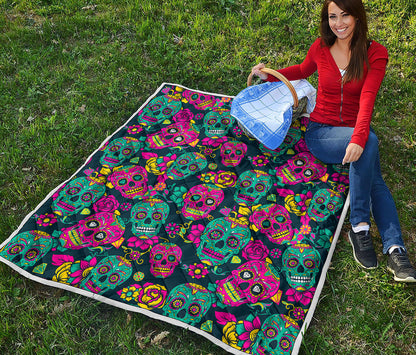 Teal Pink Sugar Skull Pattern Print Quilt