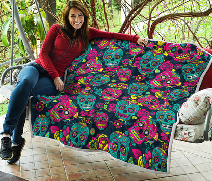 Teal Pink Sugar Skull Pattern Print Quilt