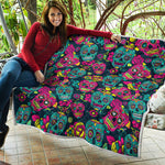 Teal Pink Sugar Skull Pattern Print Quilt