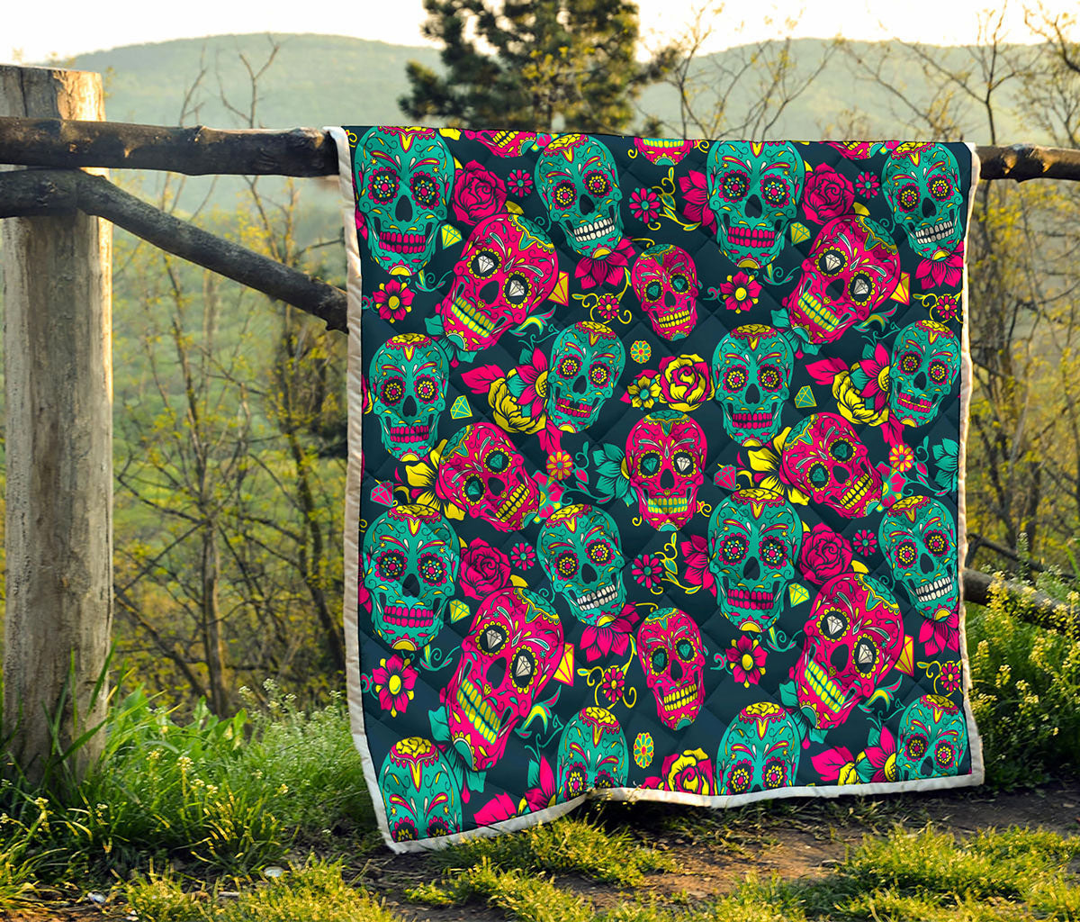Teal Pink Sugar Skull Pattern Print Quilt