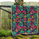 Teal Pink Sugar Skull Pattern Print Quilt