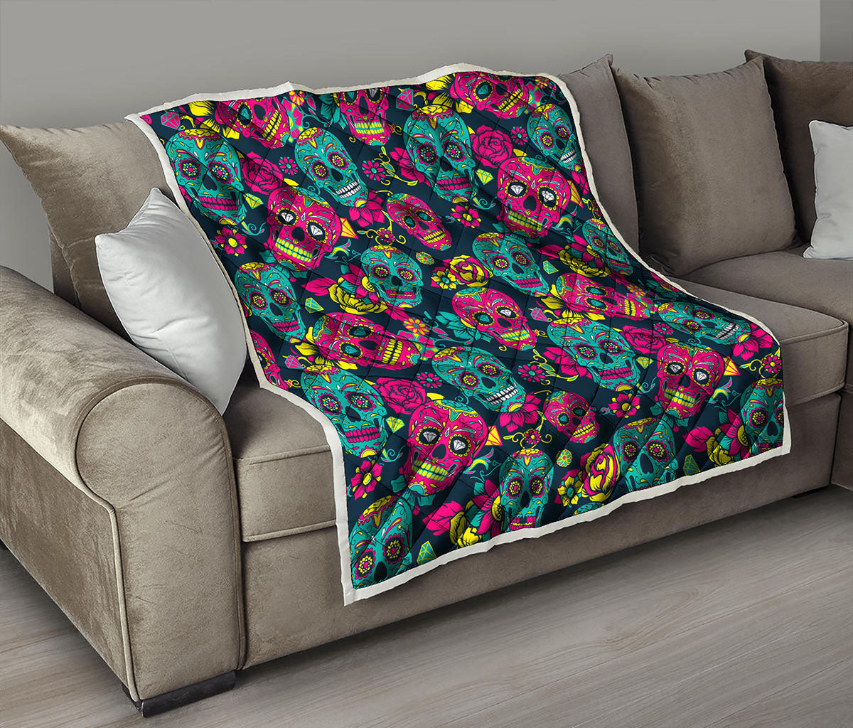 Teal Pink Sugar Skull Pattern Print Quilt