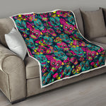 Teal Pink Sugar Skull Pattern Print Quilt