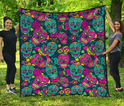 Teal Pink Sugar Skull Pattern Print Quilt